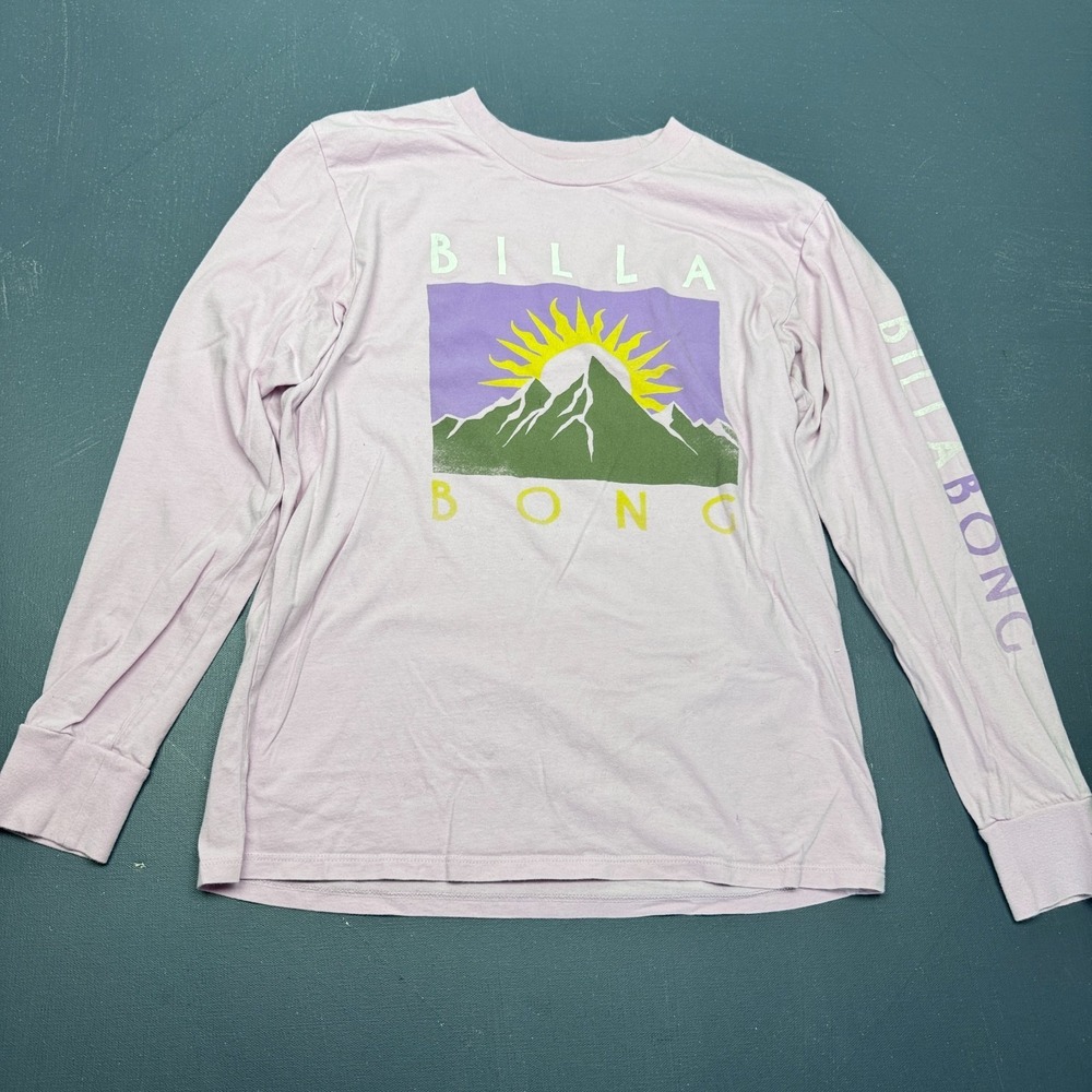 Billabong Women's Small Pink Long Sleeve Graphic T Shirt Mountain Logo Crew Neck